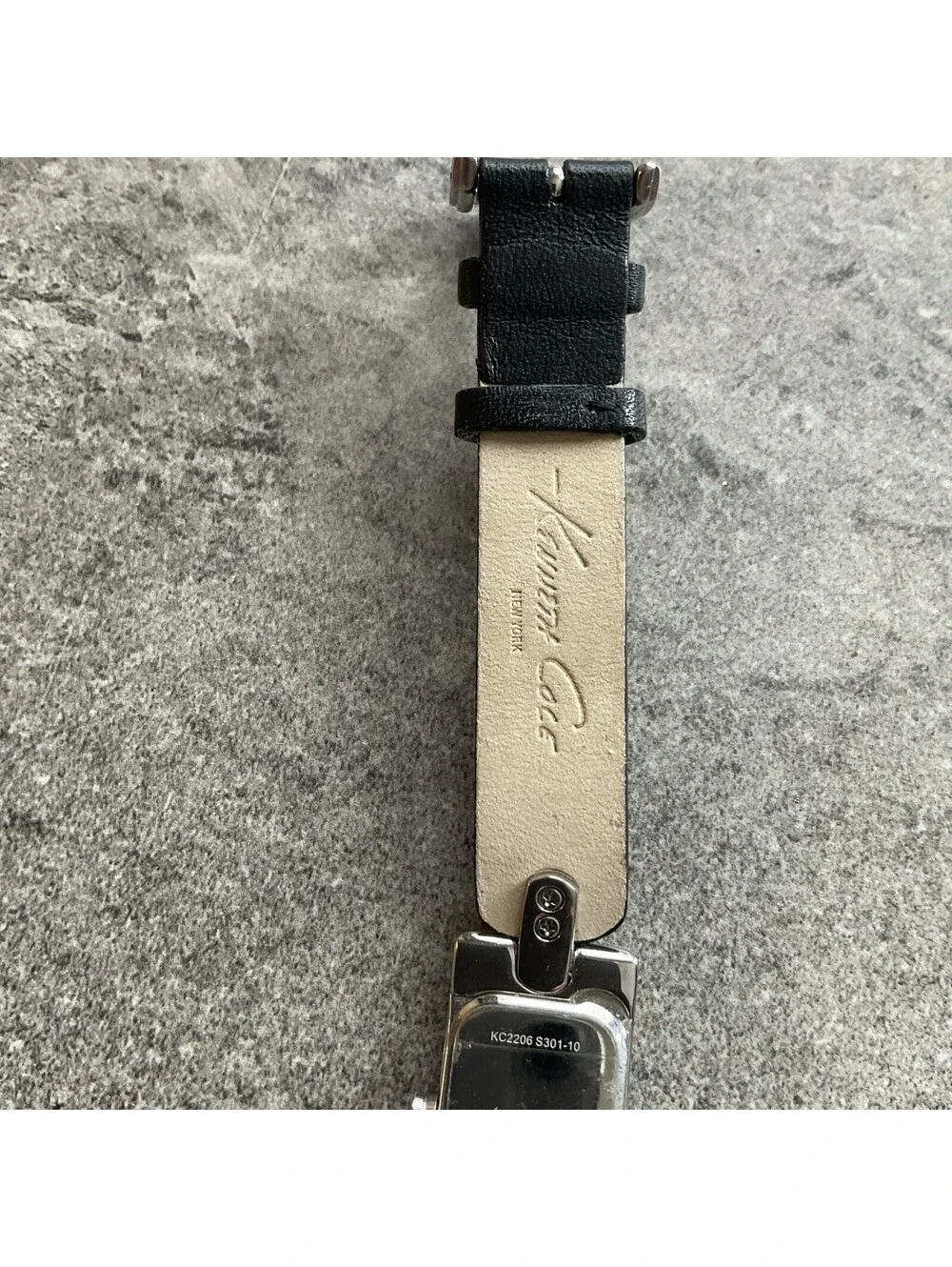 Kenneth Cole Womens Tank Style Watch 17mm Silver Tone Case Black Leather Band D2